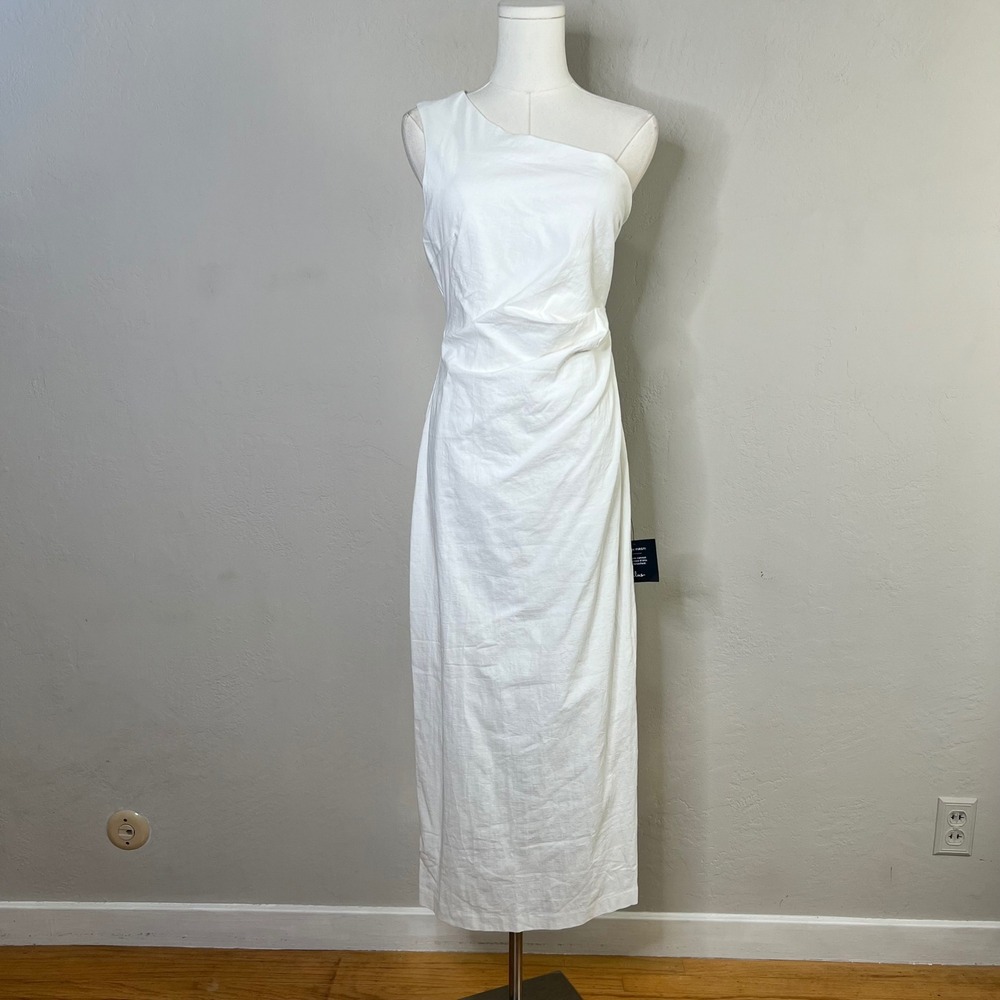 Lulus White One Shoulder Ruched Midi Dress Formal Woven Party Size Large